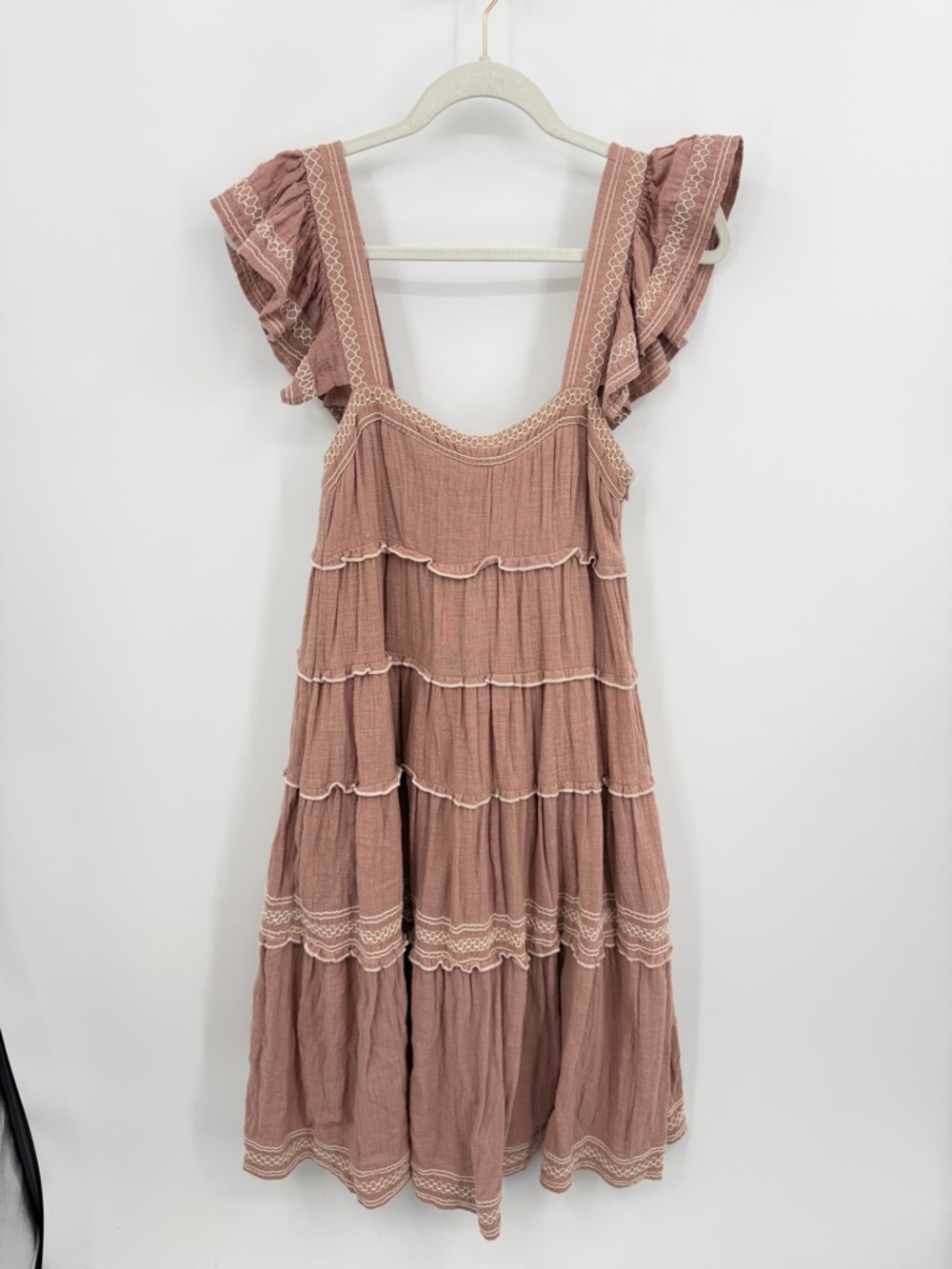 impeccable pig dusty rose pink dress tiered white contrast embroidered sz S